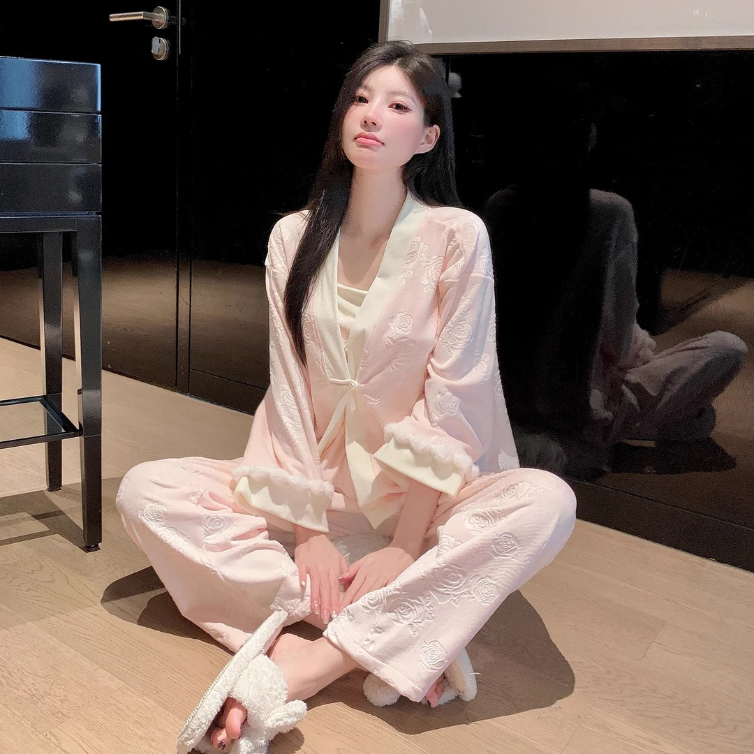 秋冬季睡衣女2025新款海岛绒三件套新中式国风长袖加绒加厚家居服