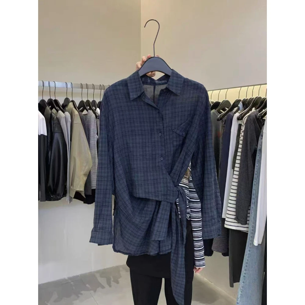 韩系复古不规则长袖衬衫女2025年秋季设计感小众宽松侧边打结衬衣