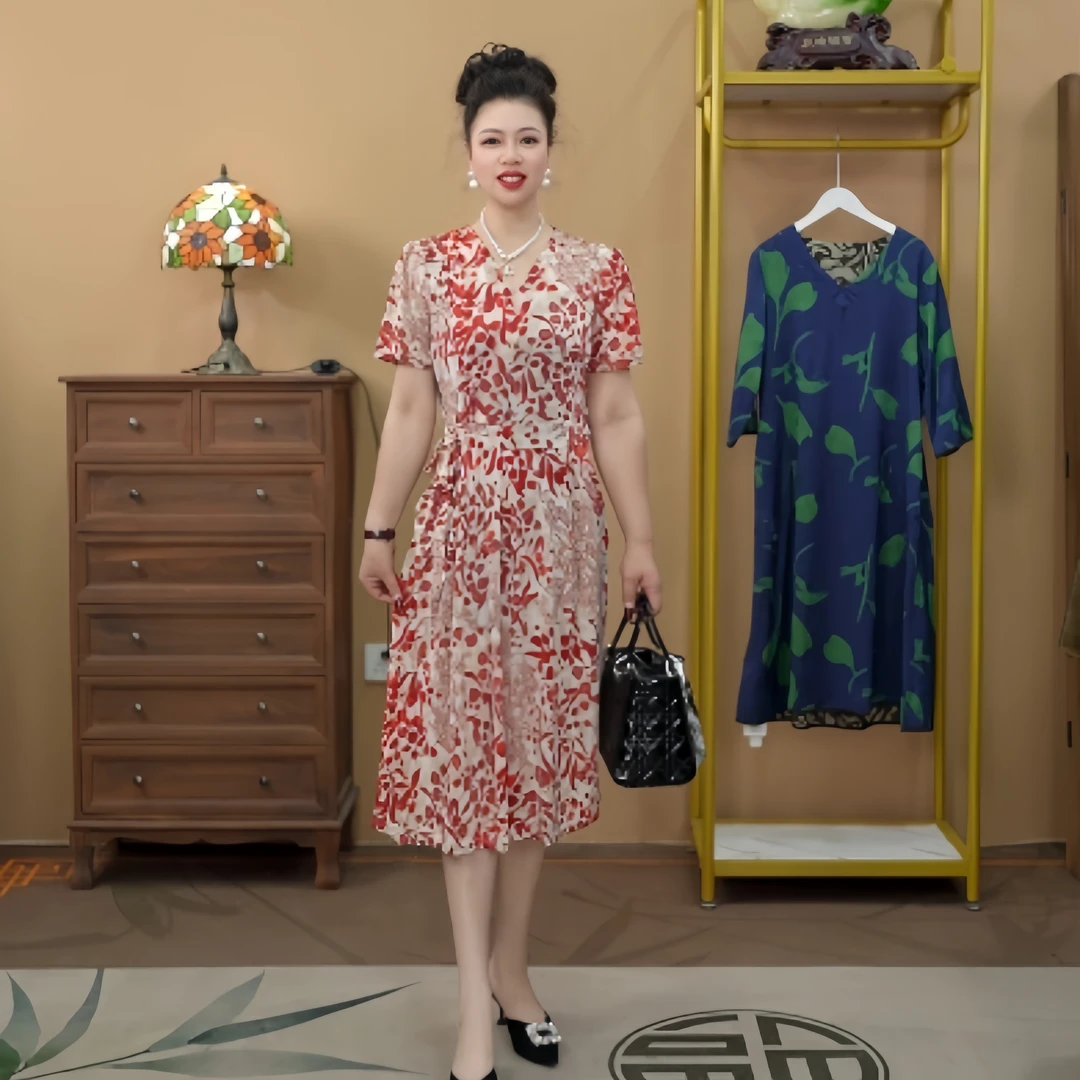 52191套头高腰V领碎花连衣裙显瘦女装时尚夏季中长款