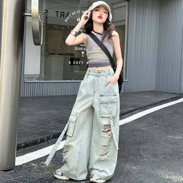 女童夏季新款阔腿潮流百搭牛仔工装破洞裤休闲背心时髦韩版夏装潮