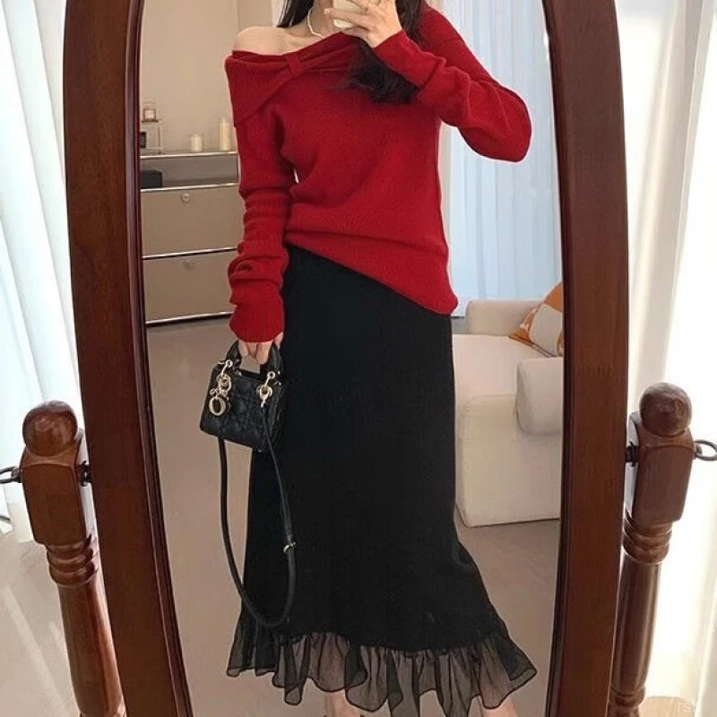 慵懒风网纱拼接半身裙女2025秋冬新款小个子高腰a字长裙包臀裙子