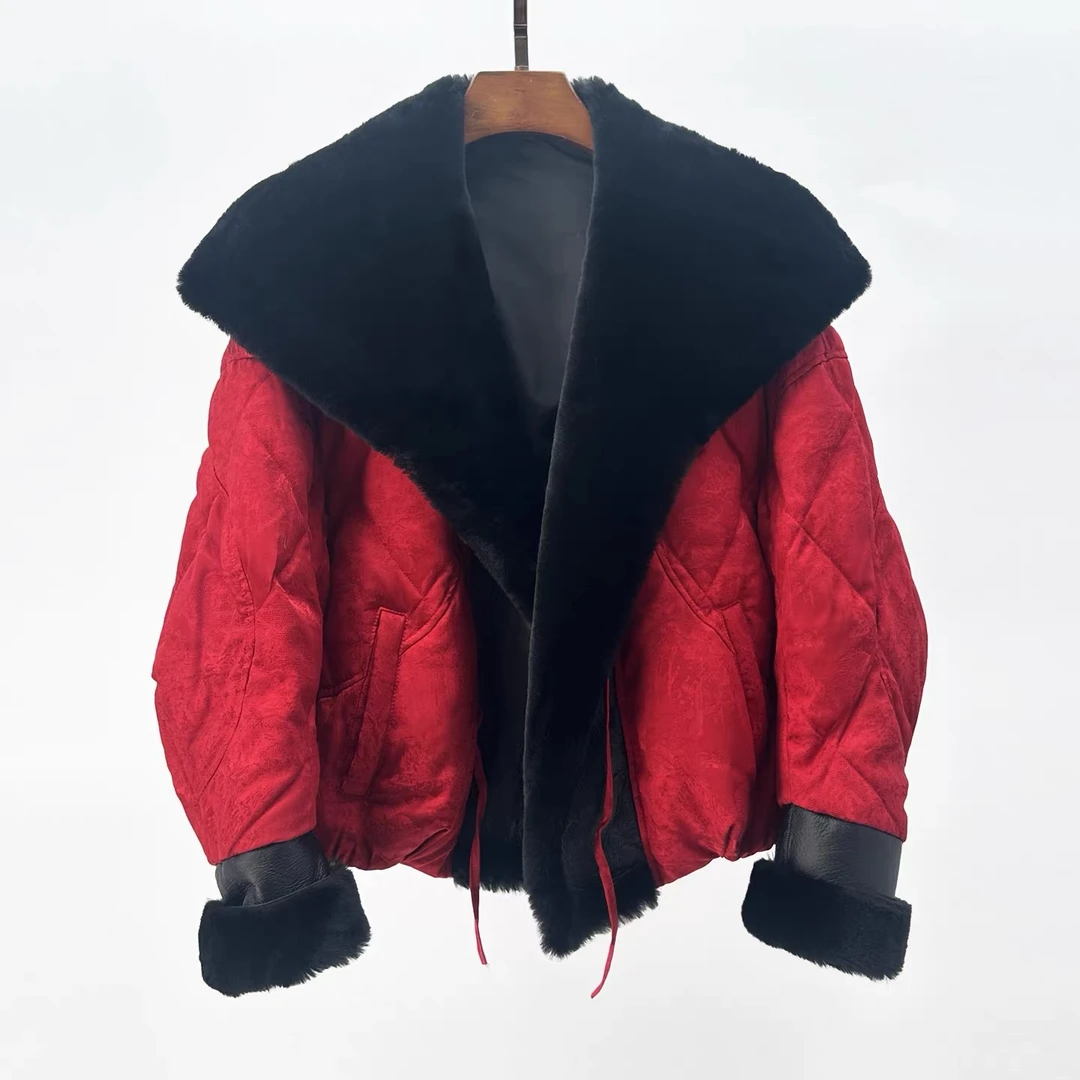 海宁高端时尚小欧宽松短款鹅绒冬季皮毛一体百搭女装