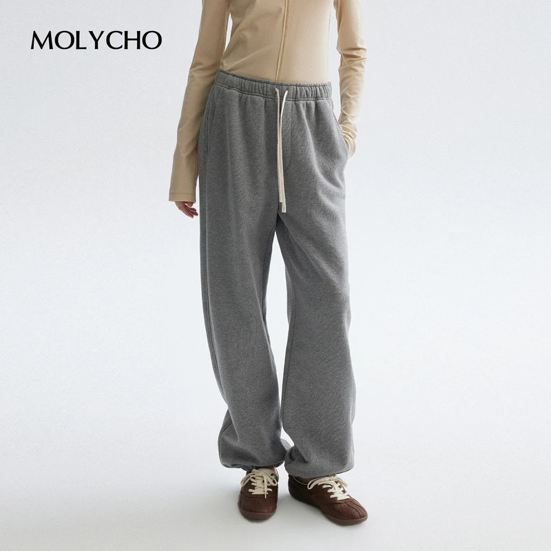 MOLYCHO｜随性松弛感/松紧腰休闲撞色抽绳卫裤/宽松束脚运动裤女