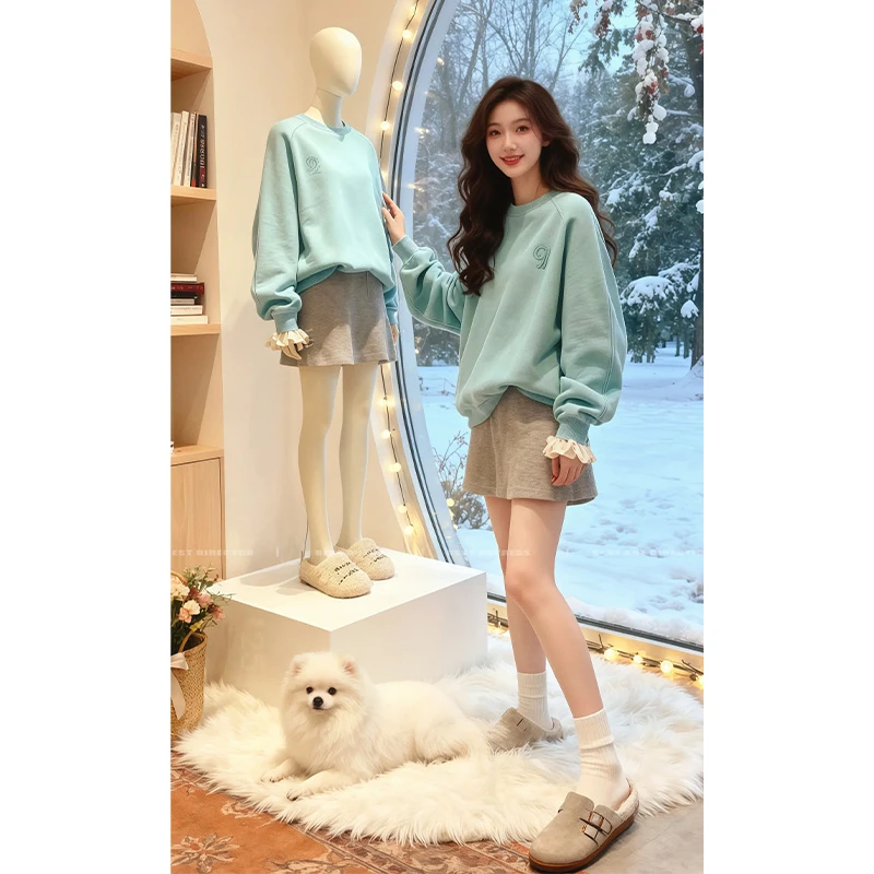 日韩湖蓝色高端圆领字母刺绣套头卫衣女外套秋季小个子宽松上衣潮