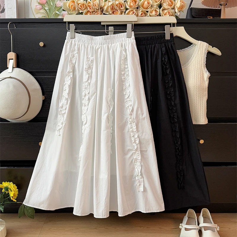 休闲拼接半身裙裙子白色女春夏2025年高腰A字褶皱宽松大摆伞裙
