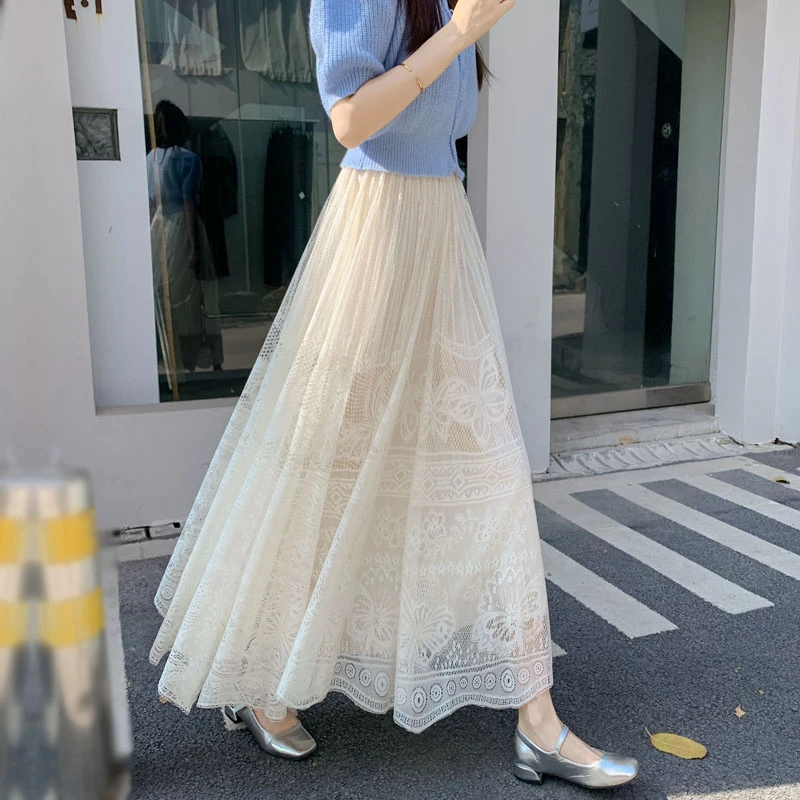 蕾丝拼接半身裙女春夏2025新款镂空大摆长裙高腰显廋A字网纱长裙