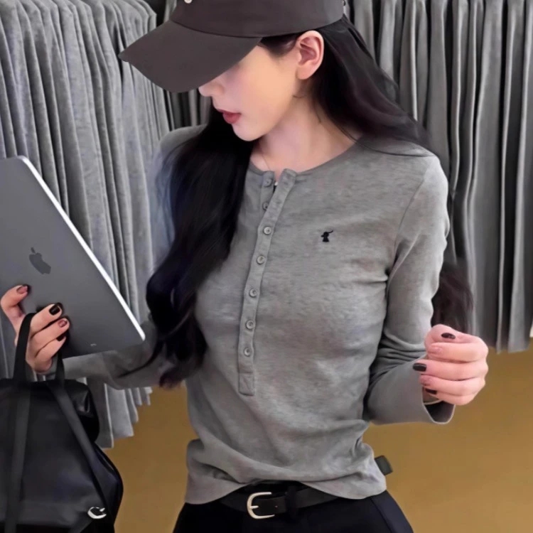 韩系气质半开领证肩长袖T恤女2025秋季新款休闲简约风显瘦打底衫