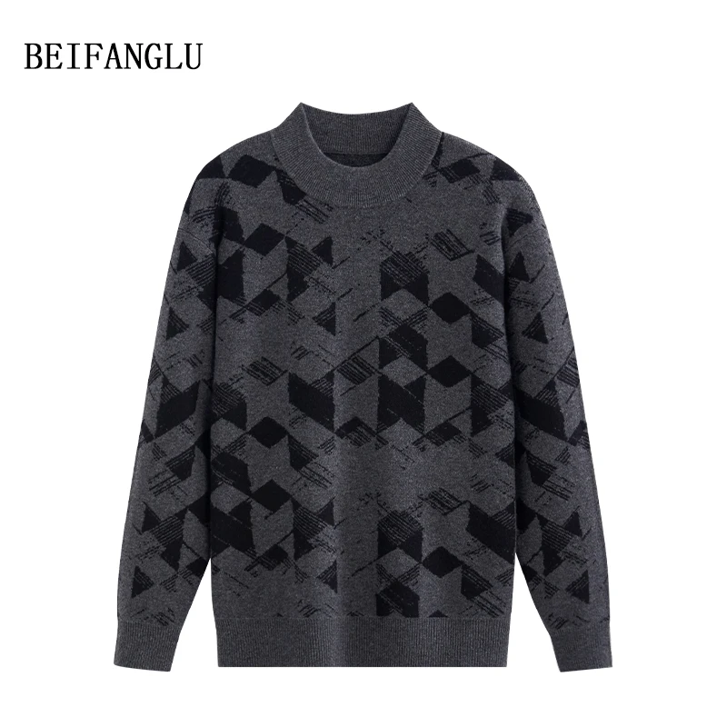 北方鹿 专柜2025绵羊毛休闲商务风厚款格子提花男士套头毛衣2753