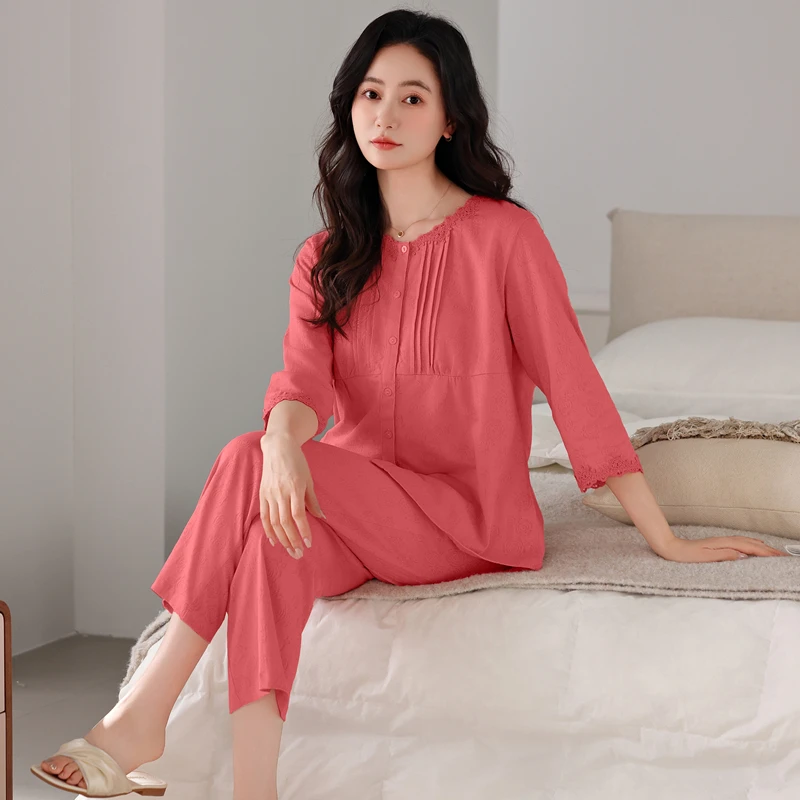 睡衣女夏季女款爆款2025新款七分袖长裤套装大码春秋可外穿家居服