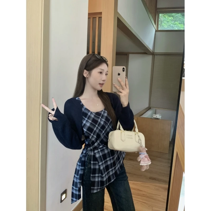 乌77早秋韩系穿搭套装女复古毛衣开衫不规则绑带收腰圆领格子背心