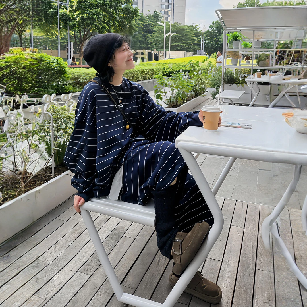 深蓝色慵懒休闲卫衣套装女秋季新款通勤条纹长袖上衣阔腿裤两件套