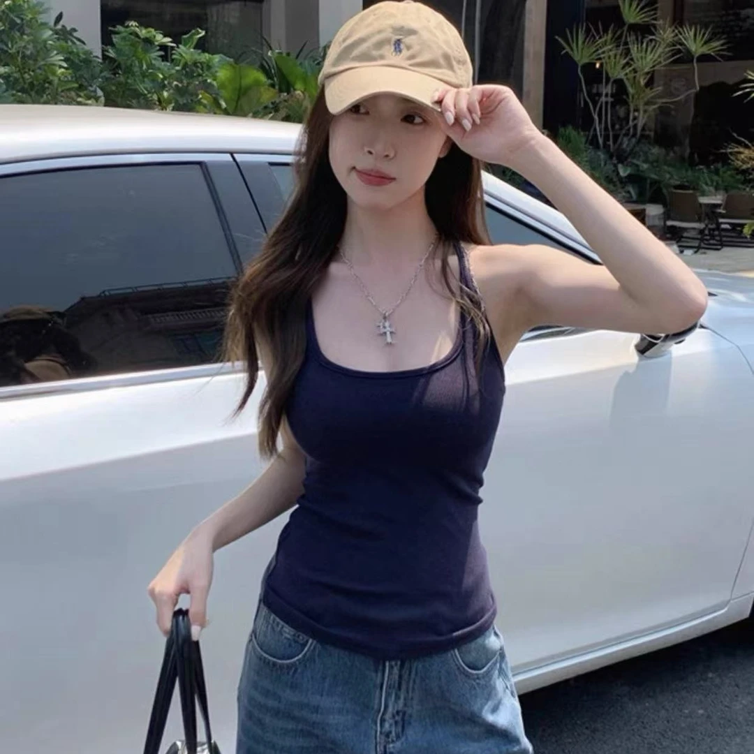 新款挂脖遮副乳带胸垫吊带背心女夏外穿内搭打底修身收腰吊带女E