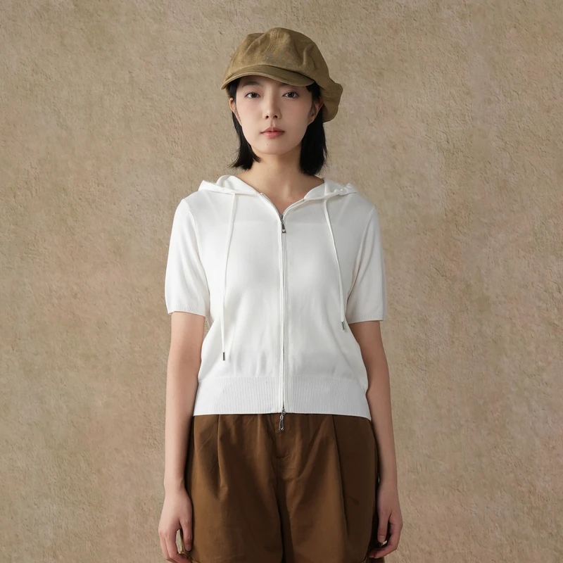 【达人】简约短袖连帽开衫女夏季新款休闲短款拉链小衫XHAB10223