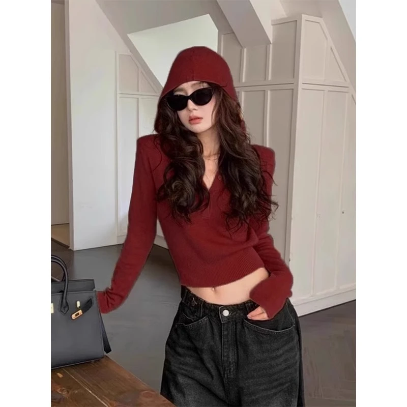 安可拉红色连帽针织打底衫女初秋修身短款毛衣卫衣设计感内搭上衣