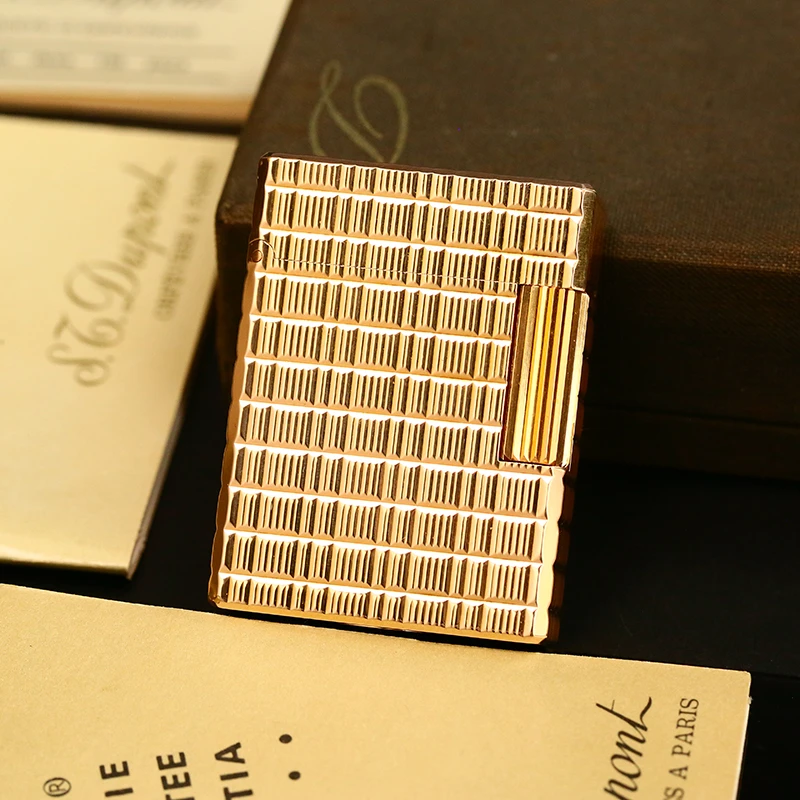 Dupont充气体打火机镀金横条竖纹L1小号男士烟具时尚收藏法国送礼