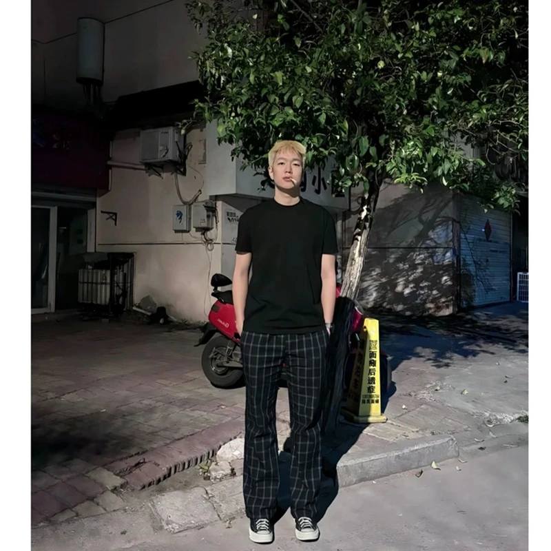 vintage美式复古格子裤男款微喇弯刀裤子宽松直筒休闲裤男格子裤