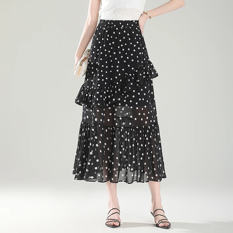荷叶边波点半身裙女夏季薄款2025新款高腰显瘦开叉a字裙中长裙子