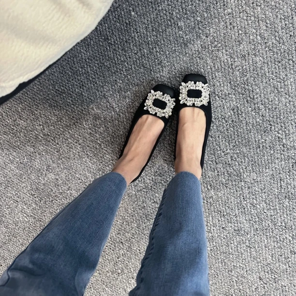 法式感水钻方扣浅口单鞋新款气质羊皮方头擦色复古百搭工作女鞋