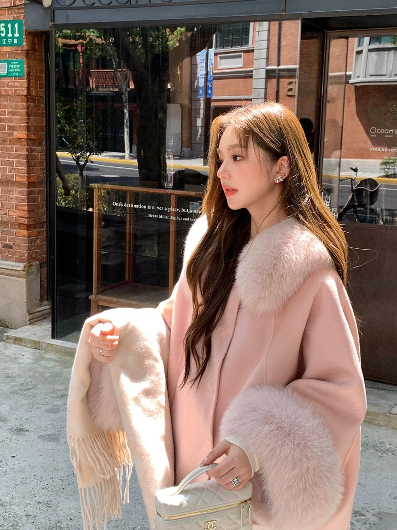 SNOW/狐狸毛领宽松双面羊毛大衣女慵懒风袖口毛外套03