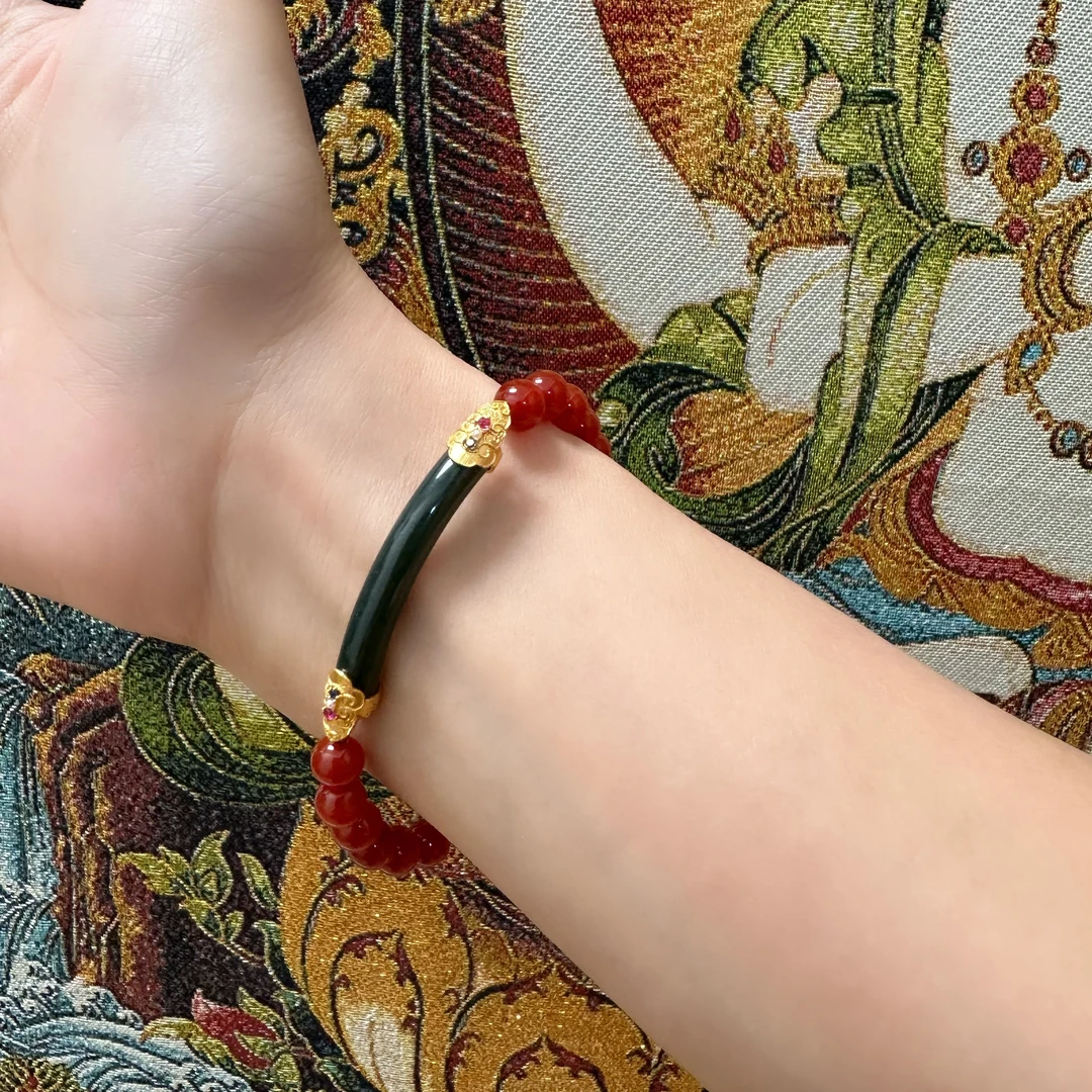 925纯银【墨玉半镯】玛瑙串珠精致百搭