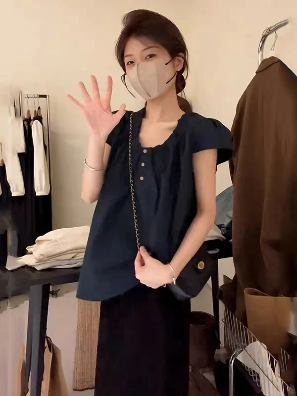 大码法式飞飞袖U领气质短袖衬衫女夏季胖mm宽松显瘦绝美小衫上衣