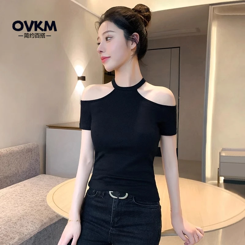 OVKM黑色挂脖露肩上衣女夏季设计感修身短袖2025新款高级感一字领