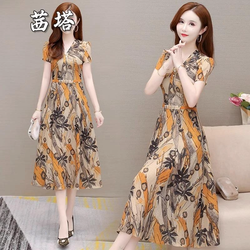 2025年雪纺印花流行连衣裙夏装妈妈优雅气质显瘦法式减龄过膝长裙