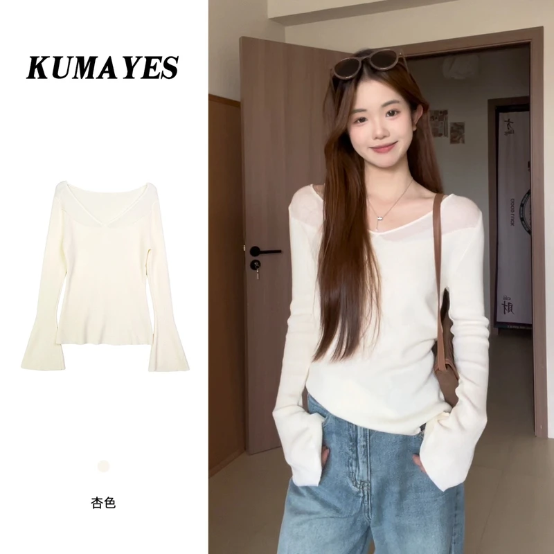 早秋气质柔软修身打底长袖针织衫女百搭微透显瘦内搭上衣