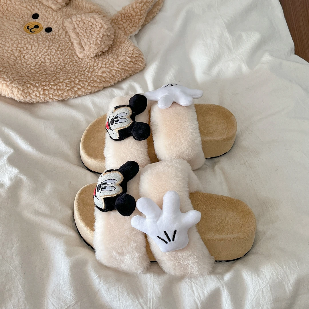 卡通可爱米奇厚底毛毛拖鞋女外穿2025新款秋季居家增高一字棉拖鞋