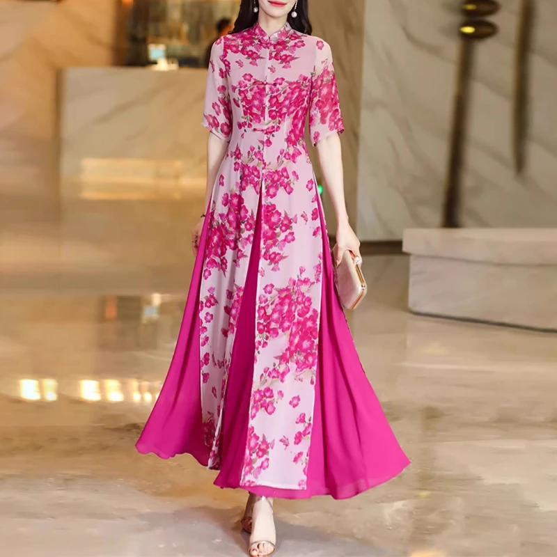 夏季新款超仙时尚新中式国风真丝桑蚕丝碎花连衣裙修身显瘦长裙子