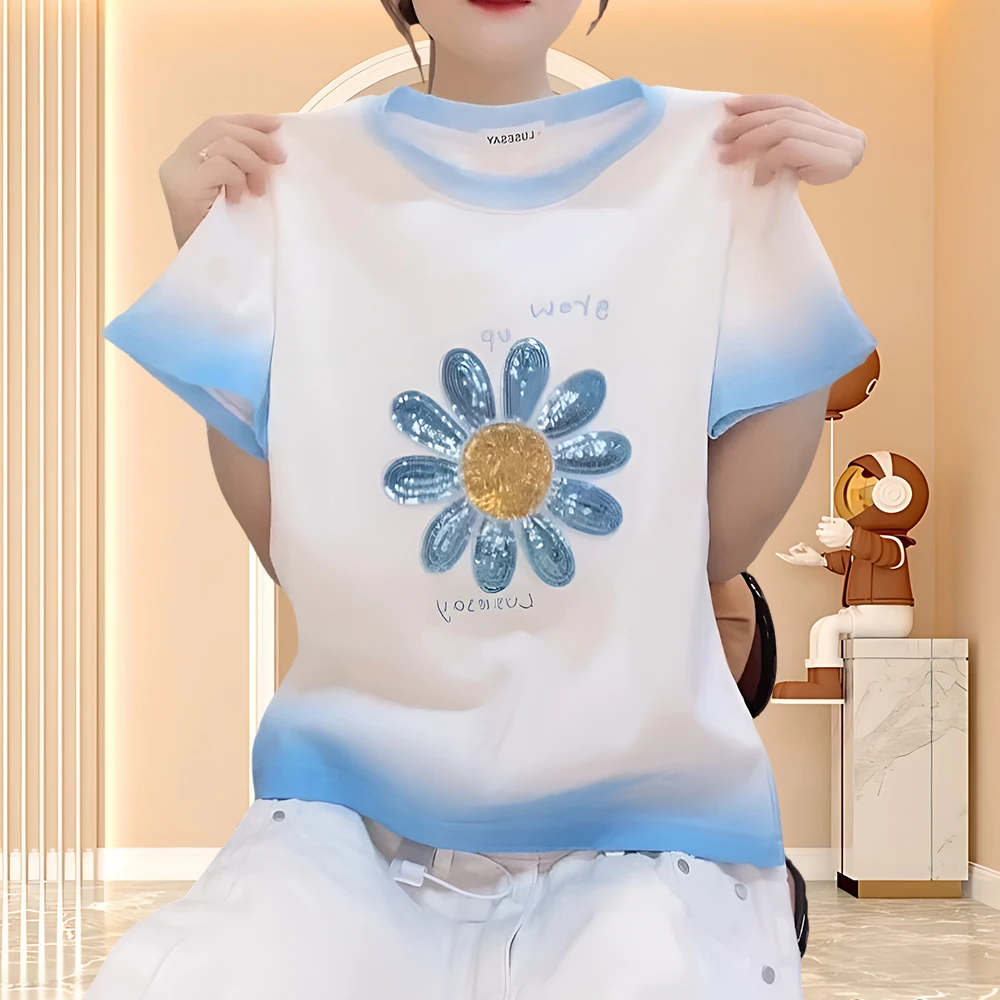 纯棉洋气衣服女2025夏季女款圆领T恤新款雏菊印花渐变色百搭短袖