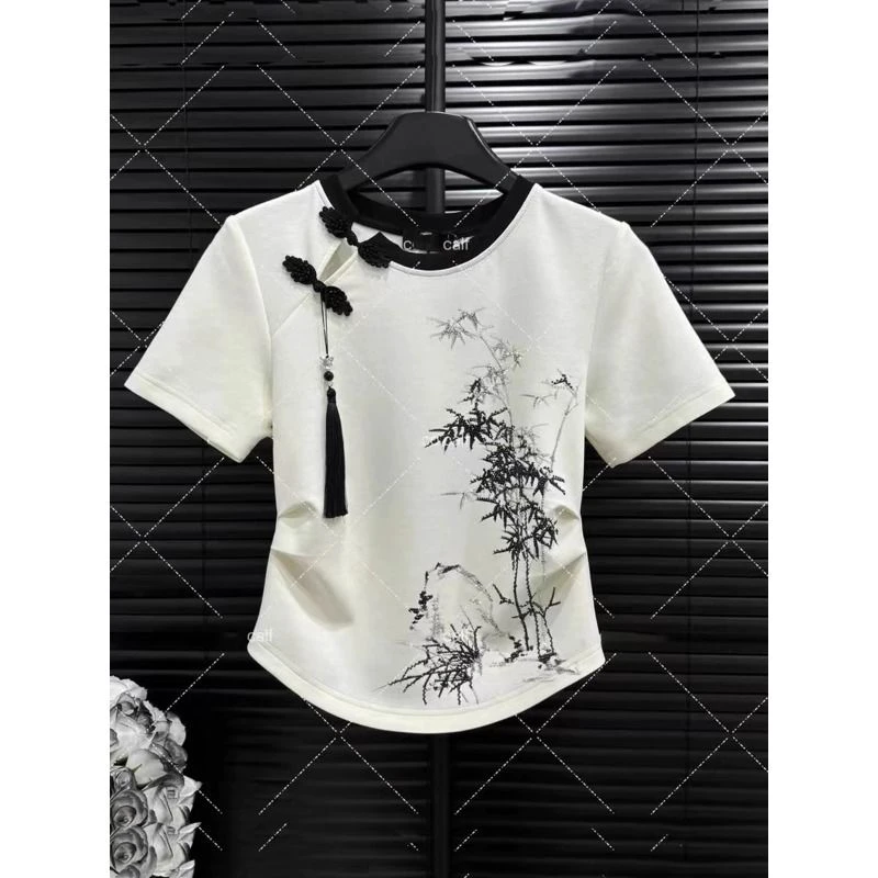 中式国风烫钻墨竹短袖T恤女2025夏季复古小个子短款收腰显瘦上衣