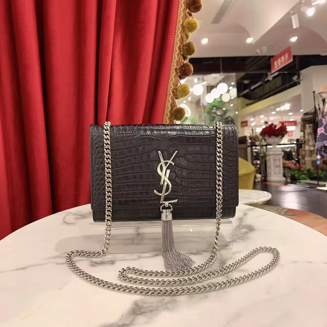 95新 YSL/圣罗兰 流苏Kate小号黑色银扣鳄鱼牛皮单肩包/45844014