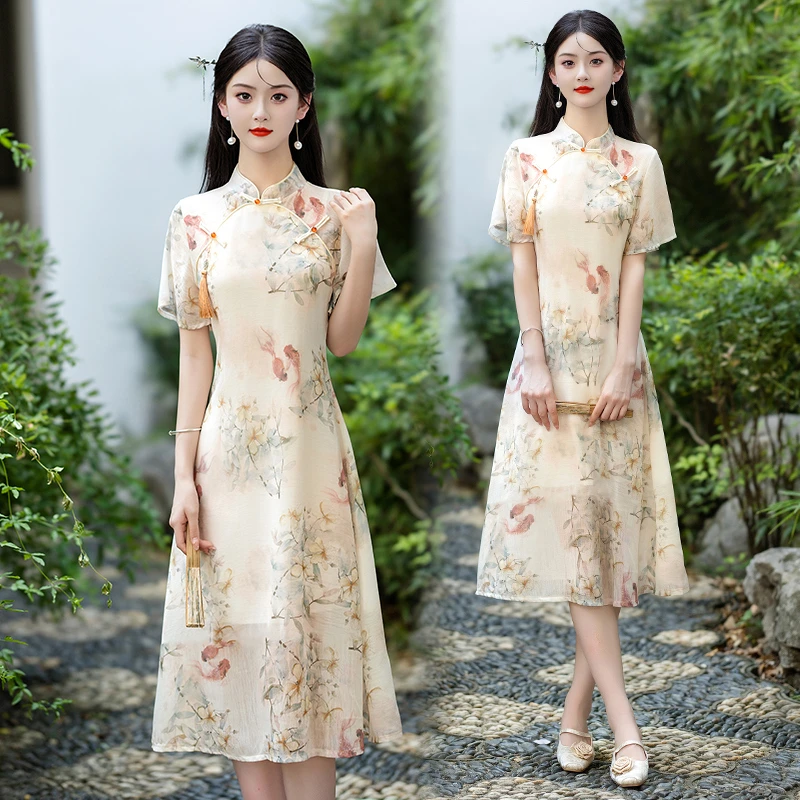 2025夏季新款大码女装胖mm杏黄色如鱼得水改良旗袍显瘦雪纺连衣裙