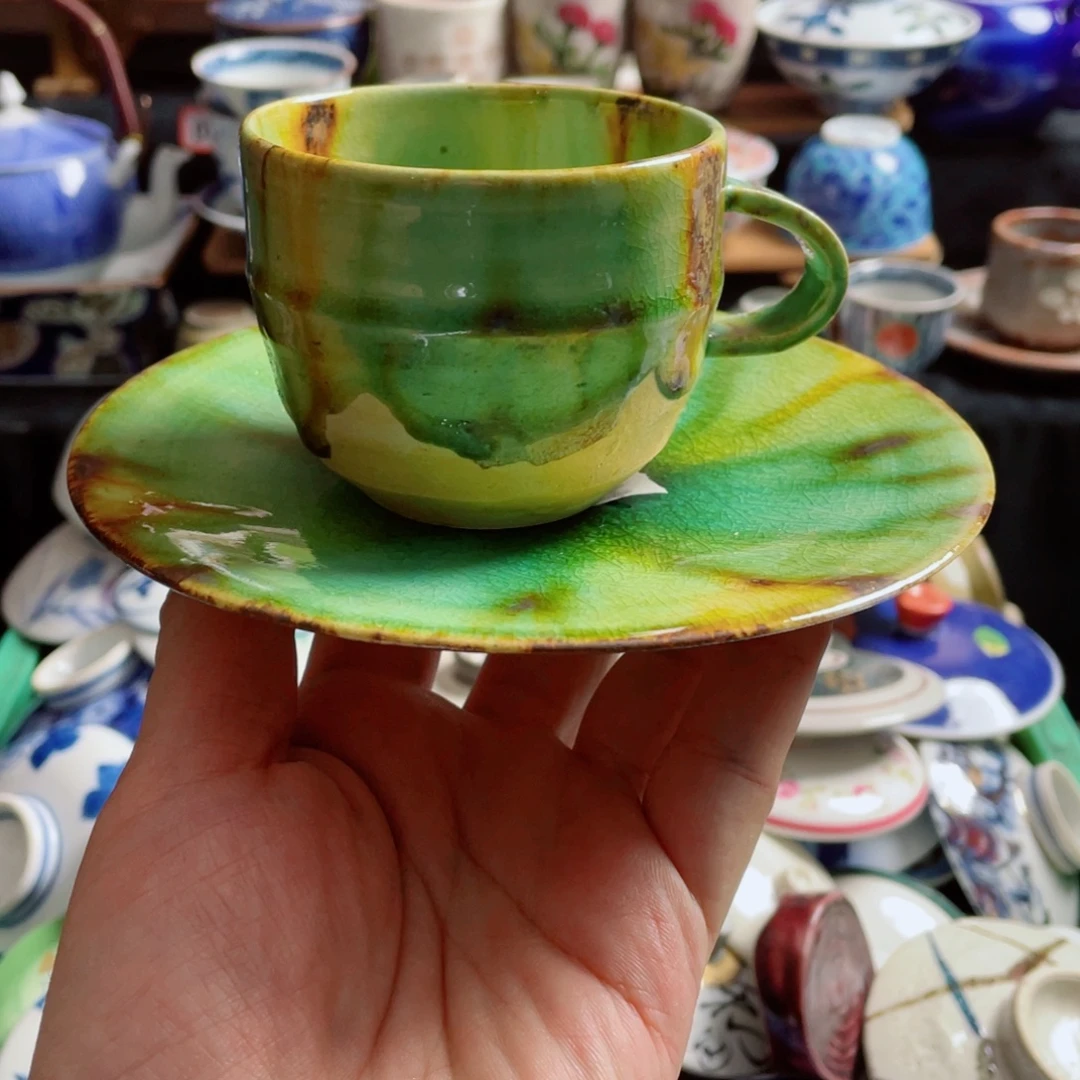 瓷片绿釉粗陶咖啡套有款