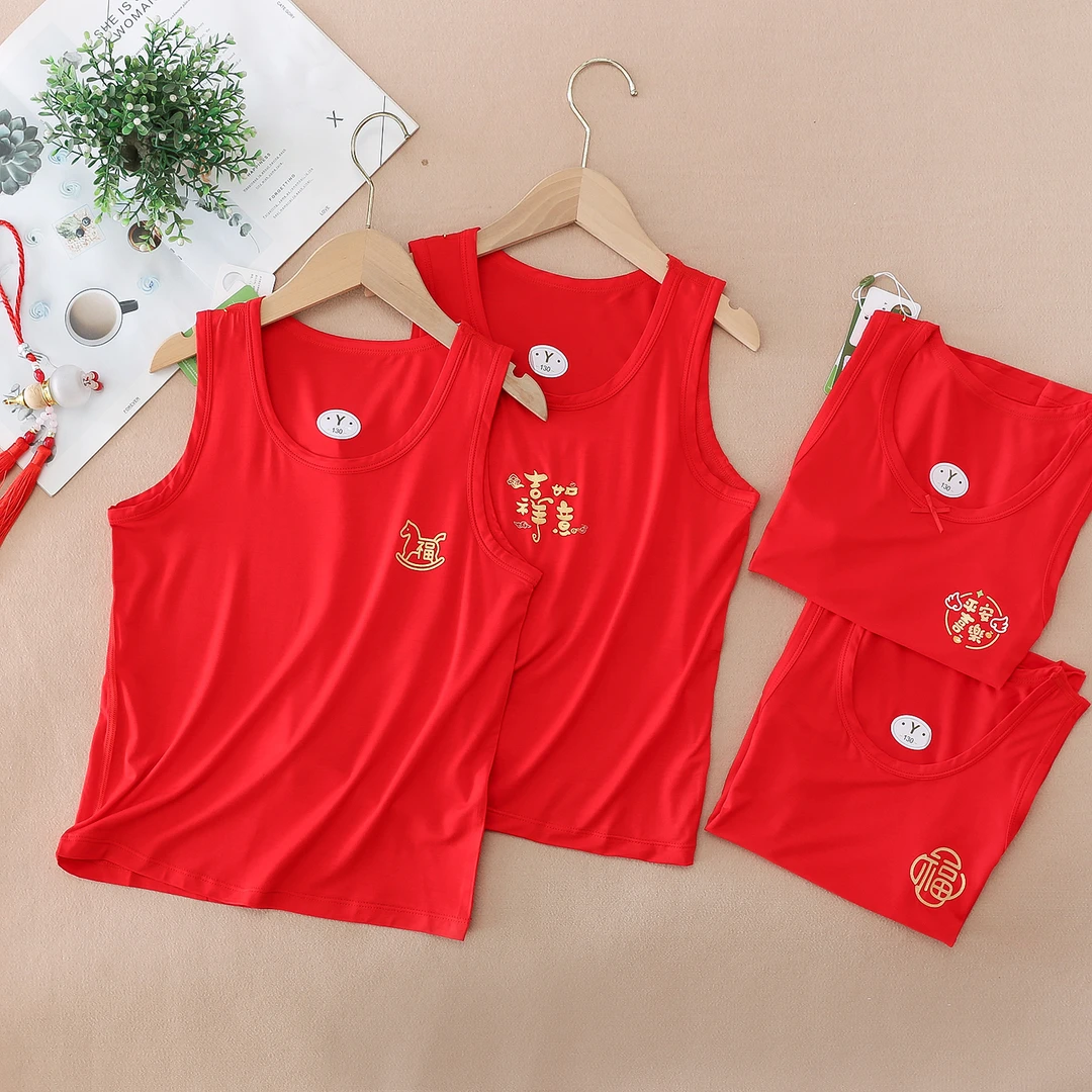 新年儿童大红色莫代尔背心薄款男女童本命年小孩内衣马年宝宝吊带