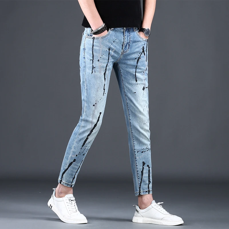 春季新款牛仔裤男款泼墨韩版弹力修身小脚裤个性时尚潮男士九分裤