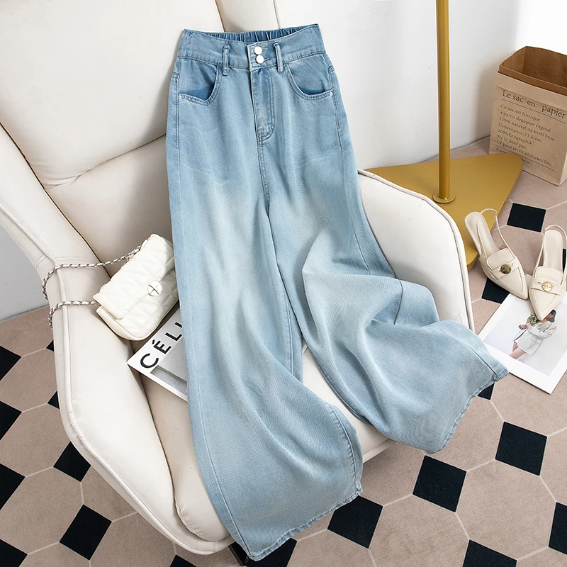 夏日空调天丝宽松窄版直筒松紧腰牛仔裤女2025高腰显瘦减龄长裤