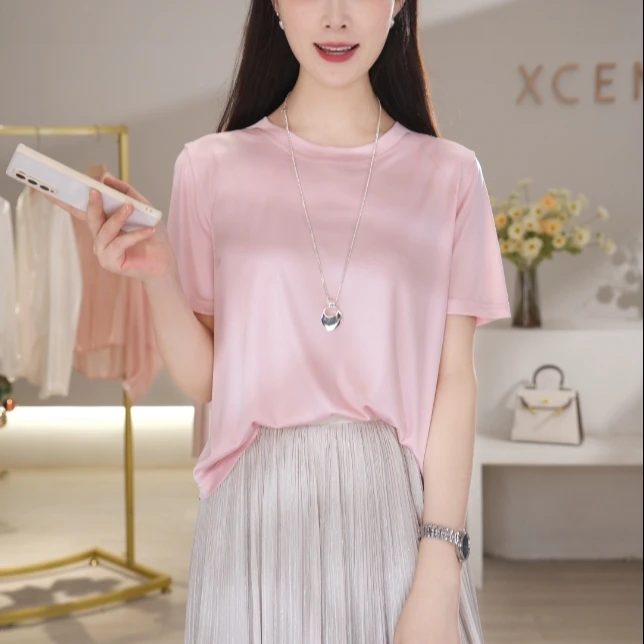 XCENN/醋酸T恤后背纽扣设计前短后长小众设计感BC0A1677