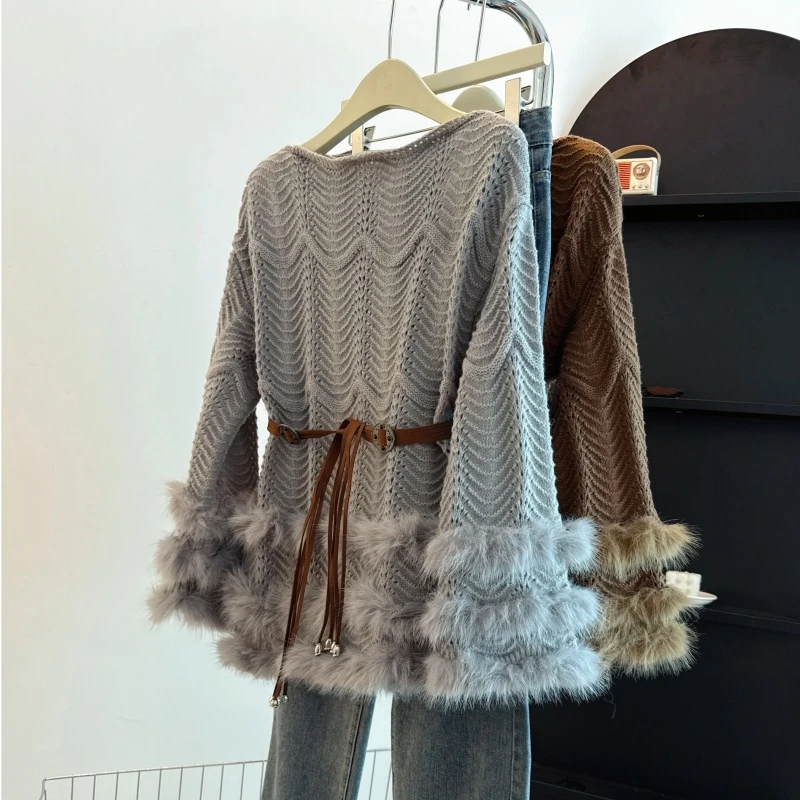 大码胖mm毛茸茸拼接毛衣女2025秋冬新款设计感收腰显瘦针织衫上衣