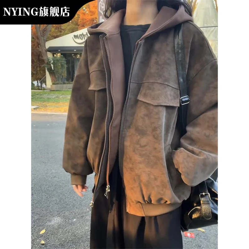 美式假两件棉衣男女同款冬季加厚保暖美拉德工装风连帽棉服外套潮