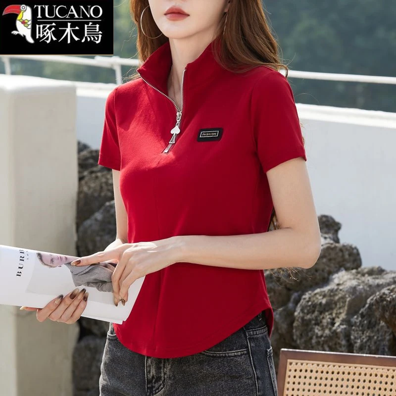 啄木鸟2025年新款夏季显瘦拉链翻领短袖t恤女士减龄百搭时尚上衣