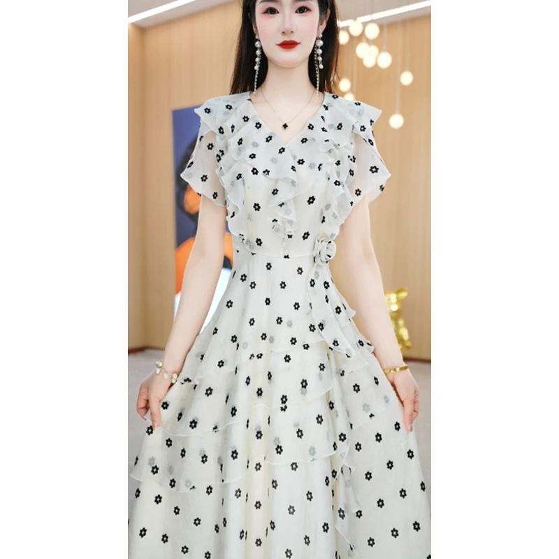 【连衣裙】夏季新款方领纯色花点法式轻薄减龄中长款连衣裙M-4XL