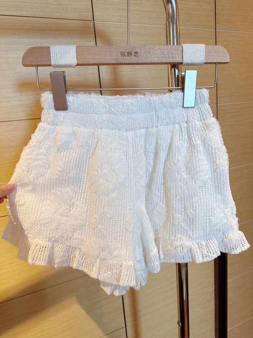 【张静芝】蕾丝花边格纹松紧腰短裤