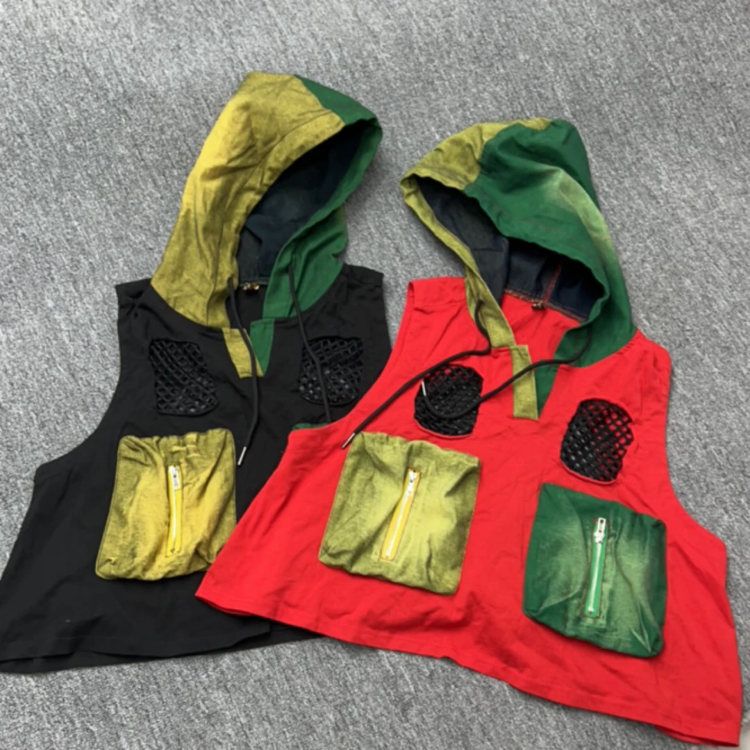 高品质彩色撞色拼接连帽短款马甲