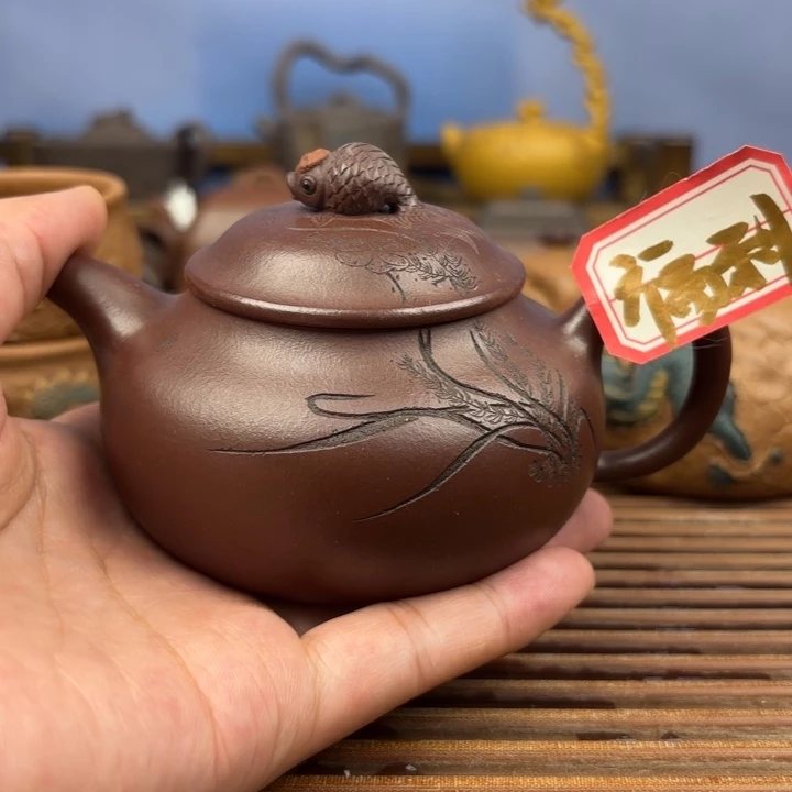 张***鲤茶壶紫砂鸿运当头原矿老紫泥170c