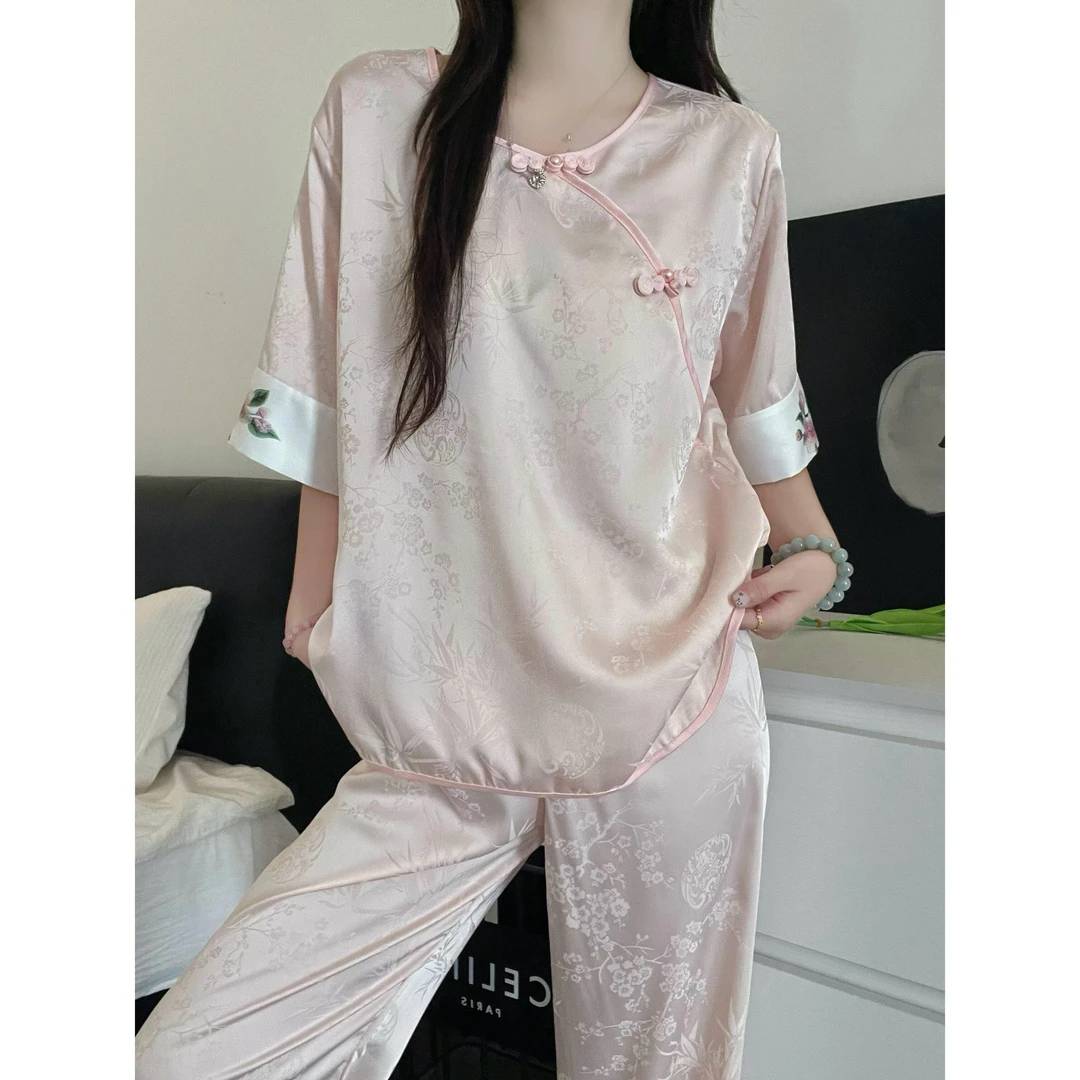 新中式盘扣冰丝提花短袖睡衣女夏季新款舒适短裤家居服套装可外穿