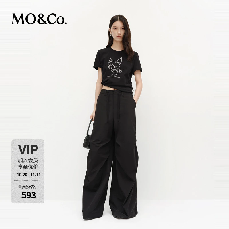 MOCO工装裤2025春新品抽绳高腰捏褶轻量降落伞裤阔腿裤MBE1PAT018