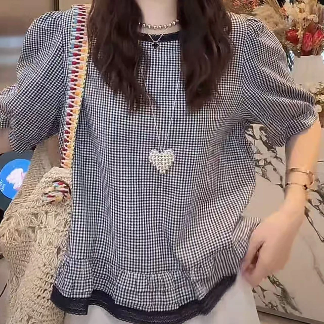 设计感时尚气质通勤格子衬衣2025夏季新款韩版洋气女款短袖衬衫