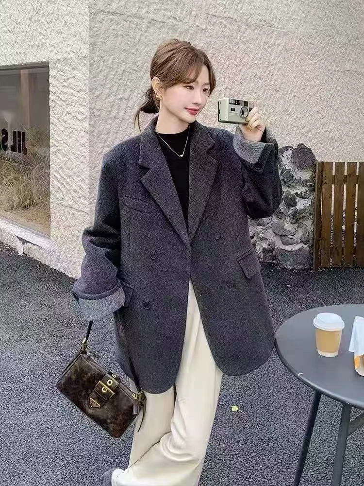 灰色西装2024冬季新款加厚气质高级感内胆白鸭绒毛呢外套